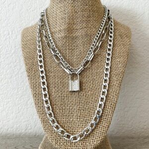 New! Silver Layered Chain Necklace with Lock Pendant